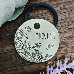 Pet ID tag - Mystical Forest Floor - Dog tag for dogs - Pet Name Tag - Hand Stamped - Personalized - Moth - Crystals - Mushroom - Night