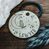 Pet ID tag - Midnight Owl - Dog tag for dogs - Pet Tag - Hand Stamped - Personalized - Custom - Moon - Great Horned - Twinkle - Stars -