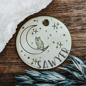 Pet ID tag - Midnight Owl - Dog tag for dogs - Pet Tag - Hand Stamped - Personalized - Custom - Moon - Great Horned - Twinkle - Stars -