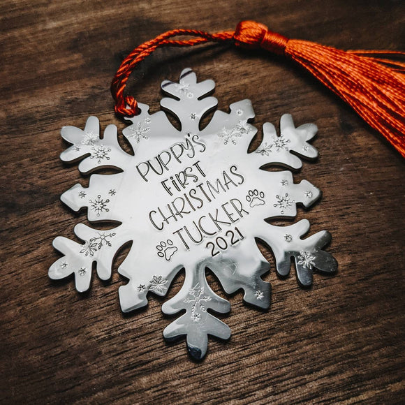 Puppies First Christmas - Customizable Snowflake Ornament