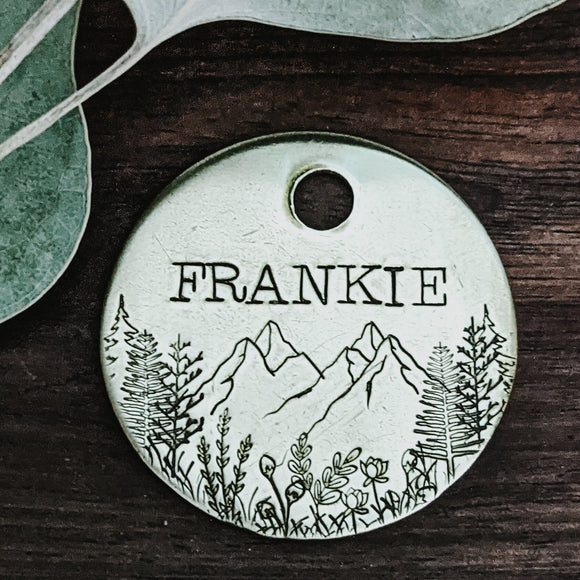 Mount Wilderness - Pet ID tag - Dog tag for dogs - Pet Name Tag - Hand Stamped - Personalized - Custom - Mountains - Backcountry - Sun