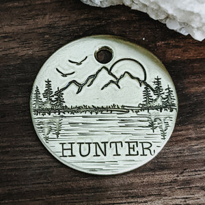 Banff - Pet ID tag - Dog tag for dogs - Pet Name Tag - Hand Stamped - Personalized - Custom - Mountains - Backcountry - Sun - Sunset - Lake