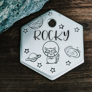 Space Raccoon - Pet ID tag - Dog tag for dogs - Pet Name Tag - Hand Stamped - Personalized - Dog Collar - Custom - Dog Tag - Planets - Stars
