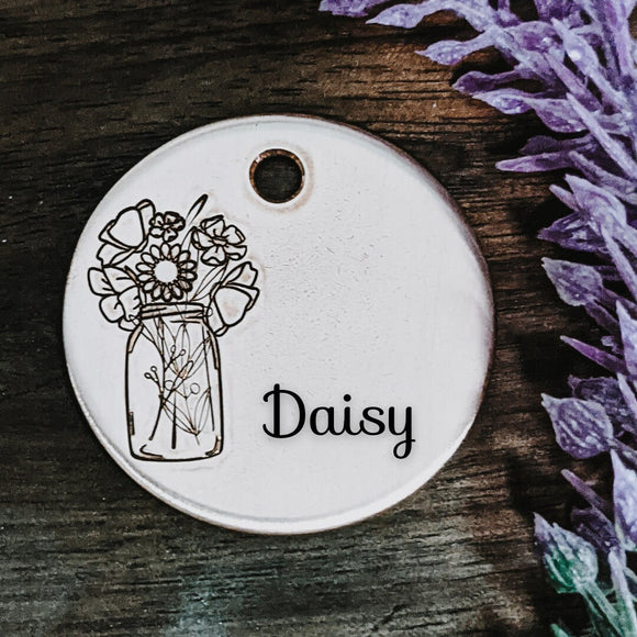 Fresh Flowers - Pet ID tag - Dog tag for dogs - Pet Name Tag - Hand Stamped - Personalized- Custom - Dog Tag - Ginko - Leaf - Floral - Rose