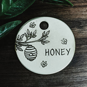 Bee Hive - Pet ID tag - Dog tag for dogs - Pet Tag - Hand Stamped - Personalized - Custom - Wildlife - Bees - Queen - Hive - Honey - Hunny