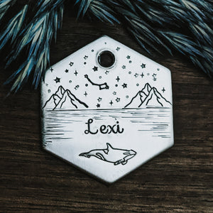 Under the stars - Pet ID tag - Dog tag for dogs - Pet Name Tag - Hand Stamped - Dog Tag - Ocean - Orca - Killer Whale - Night - Stars -